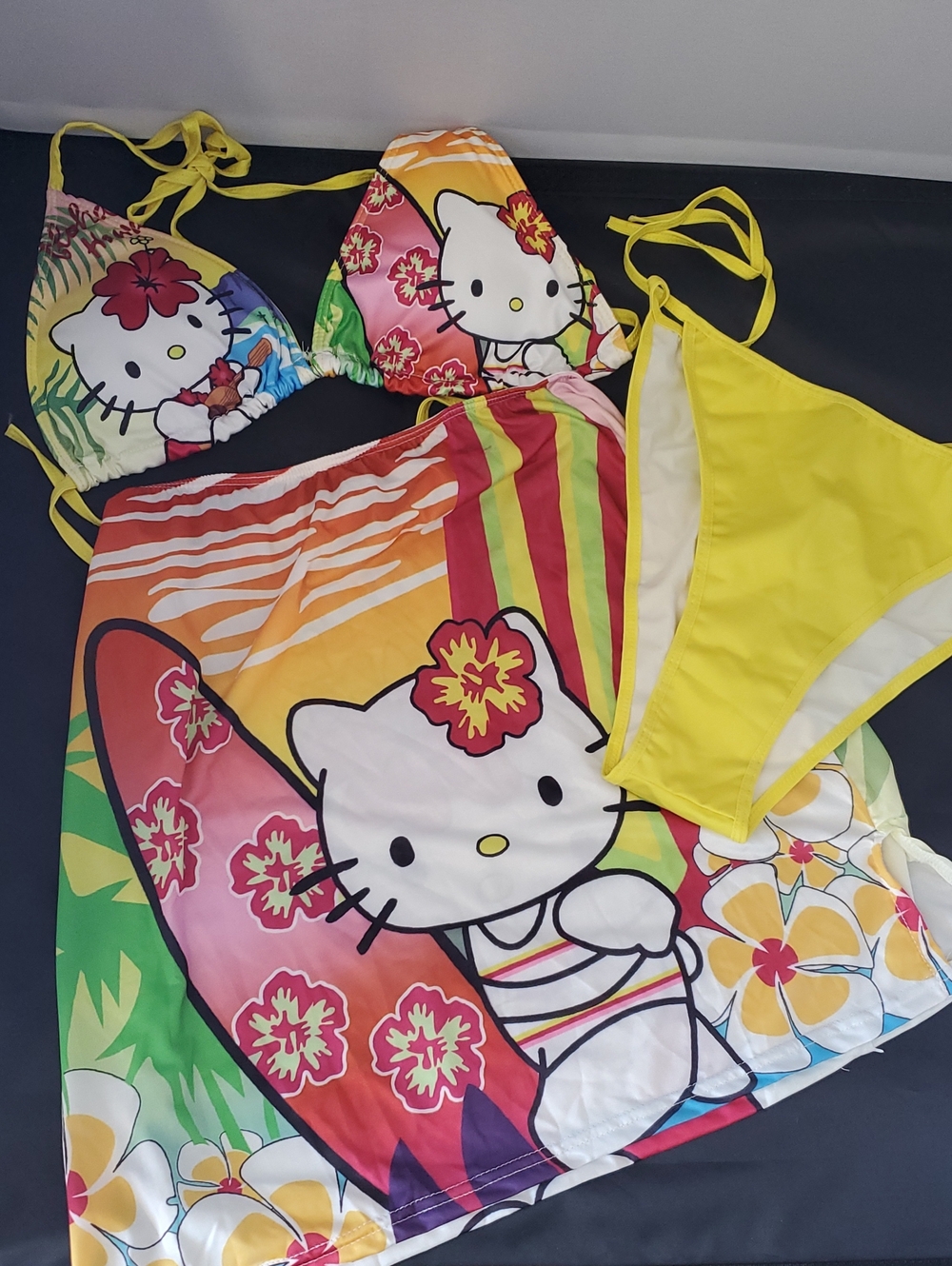 Hello Kitty Yellow & Multicolor Tropical Bikini Set with Cover-Up NWT